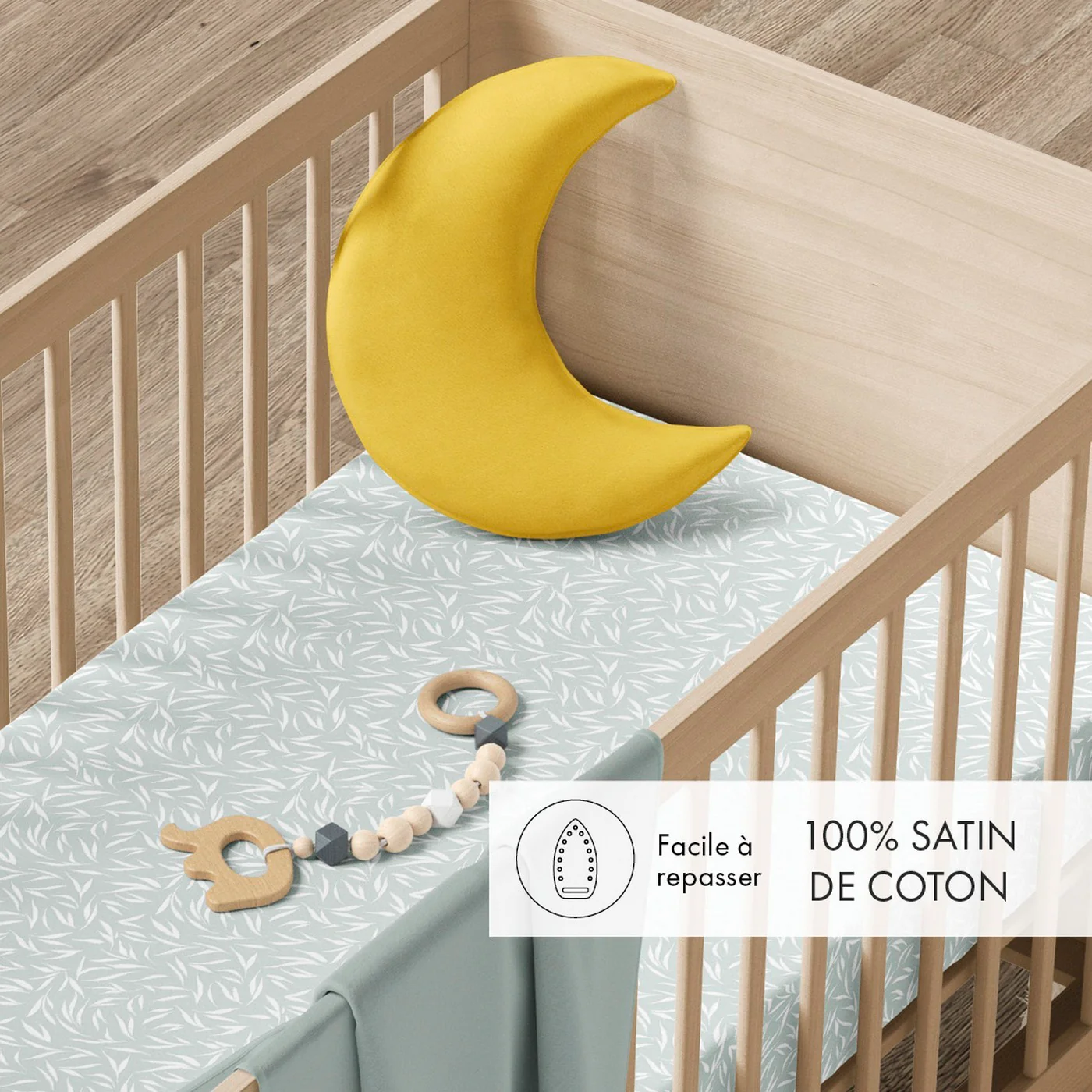 Housse De Couette + Taies D'Oreiller Bébé Satin De Coton - Vert - Feuilles D'Olivier - Image 2
