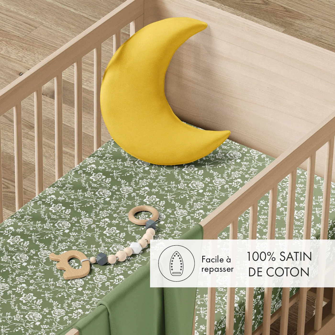 Housse De Couette + Taies D'Oreiller Bébé Satin De Coton - Vert - Parterre De Roses - Image 2