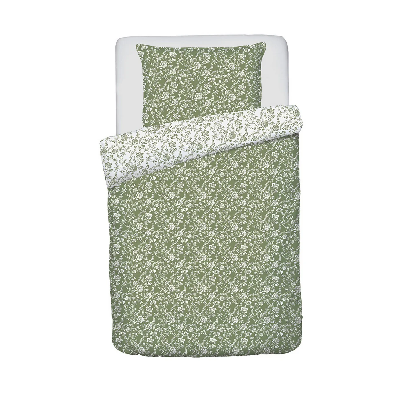 Housse De Couette + Taies D'Oreiller Bébé Satin De Coton - Vert - Parterre De Roses - Image 5