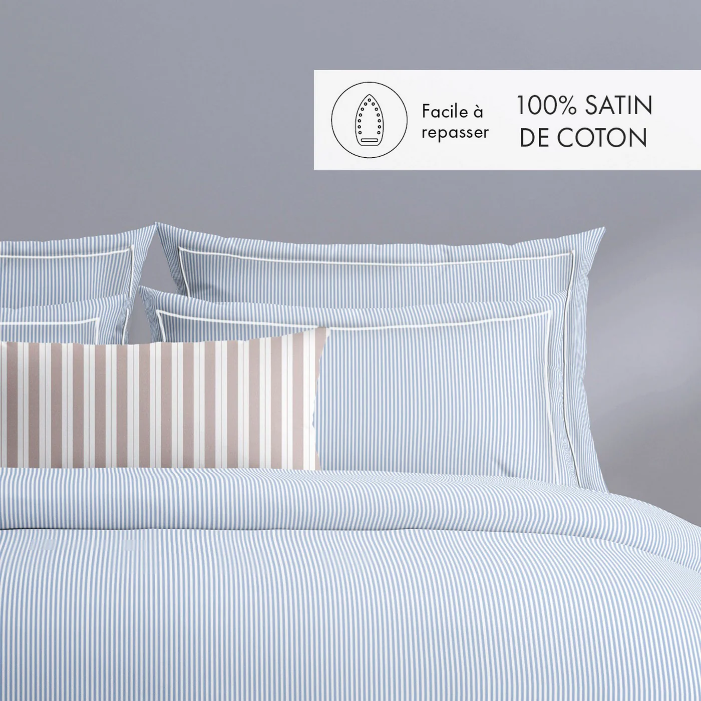 Housse De Couette + Taies D'Oreiller Coton Percale - Bleu Clair - Nantes - Image 3