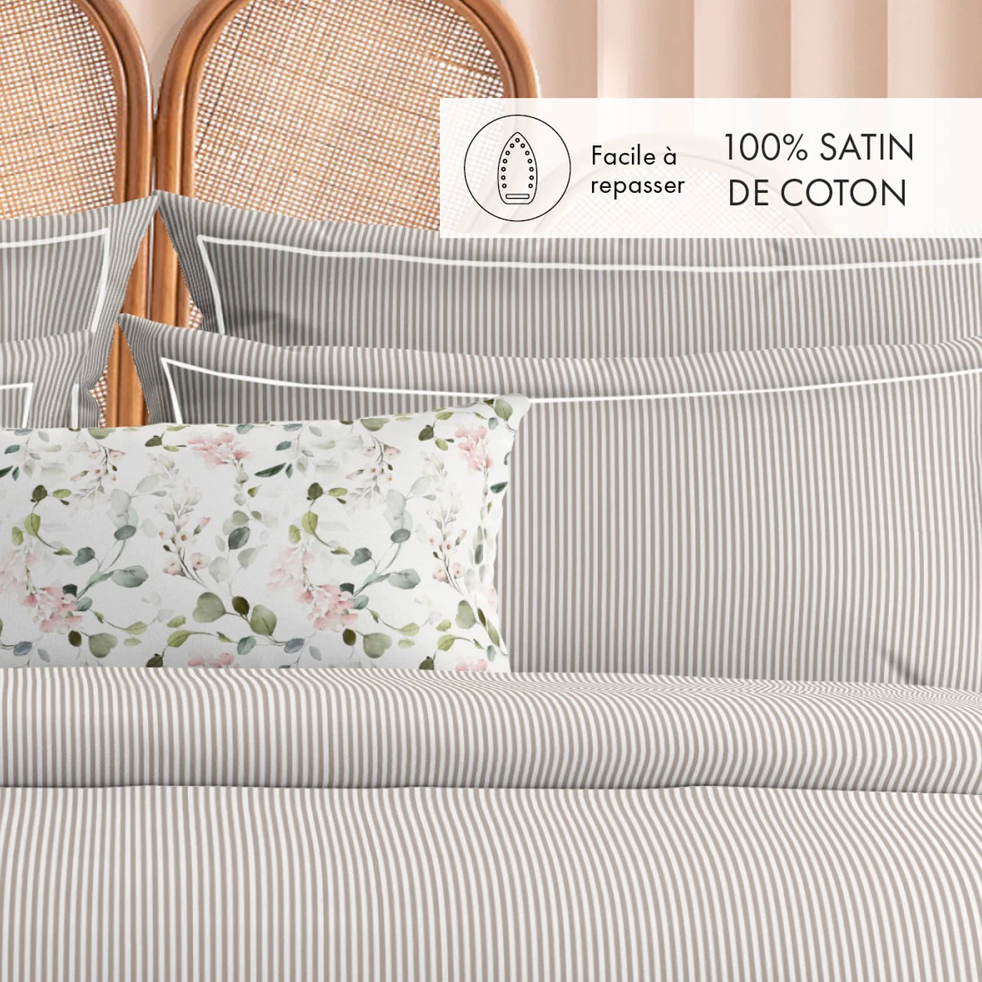 Housse De Couette + Taies D'Oreiller Coton Percale - Taupe - Nantes - Image 2