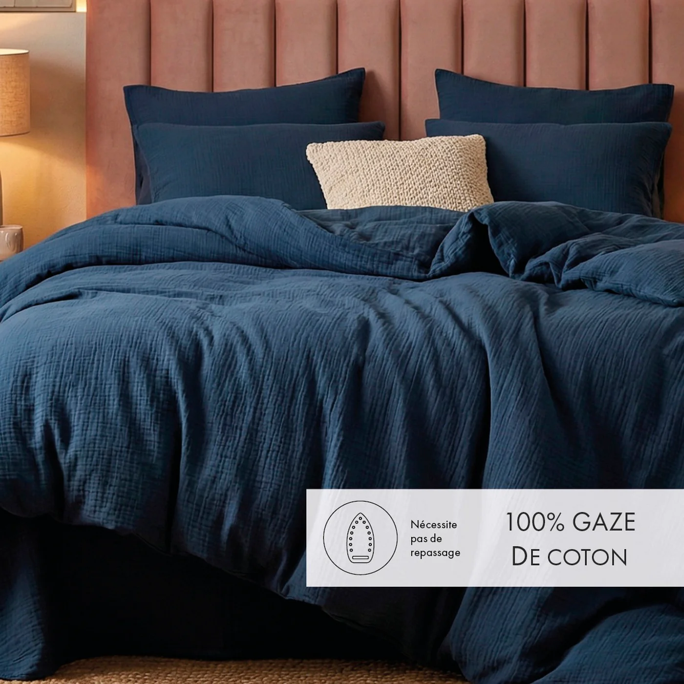 Housse De Couette + Taies D'Oreiller Gaze De Coton - Bleu 14 - Uni - Image 2