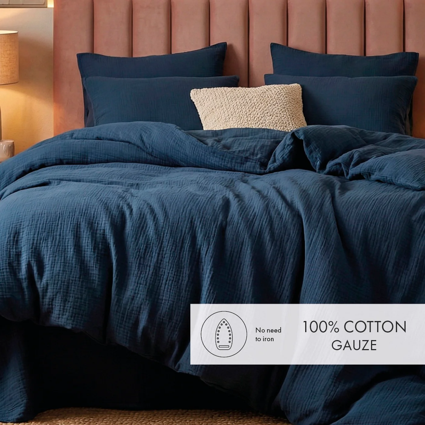 Housse De Couette + Taies D'Oreiller Gaze De Coton - Bleu 14 - Uni - Image 3