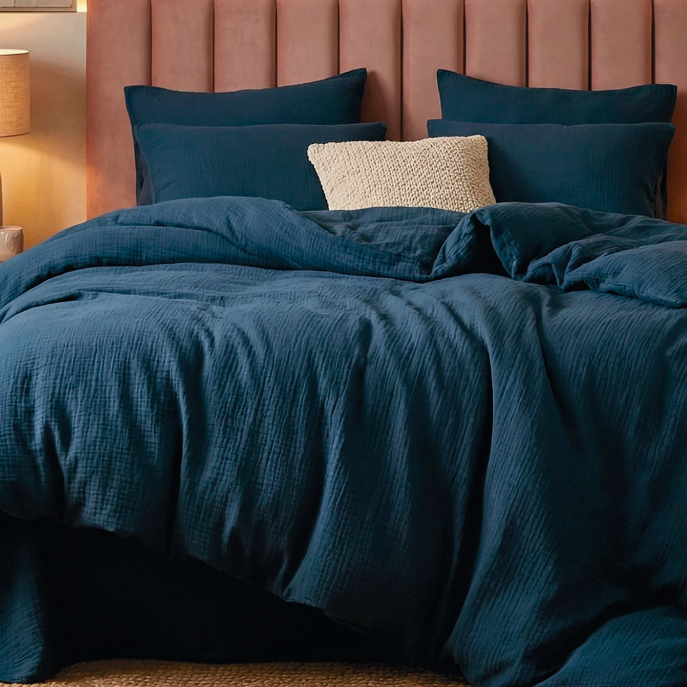Housse De Couette + Taies D'Oreiller Gaze De Coton - Bleu 14 - Uni - Image 4
