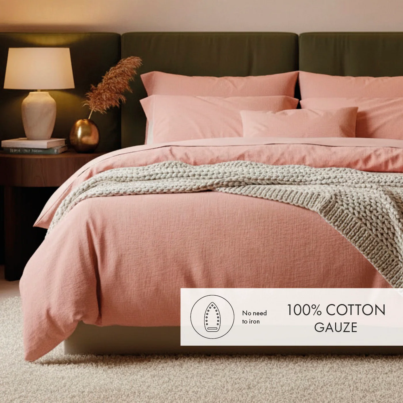 Housse De Couette + Taies D'Oreiller Gaze De Coton - Rose 06 - Uni - Image 3