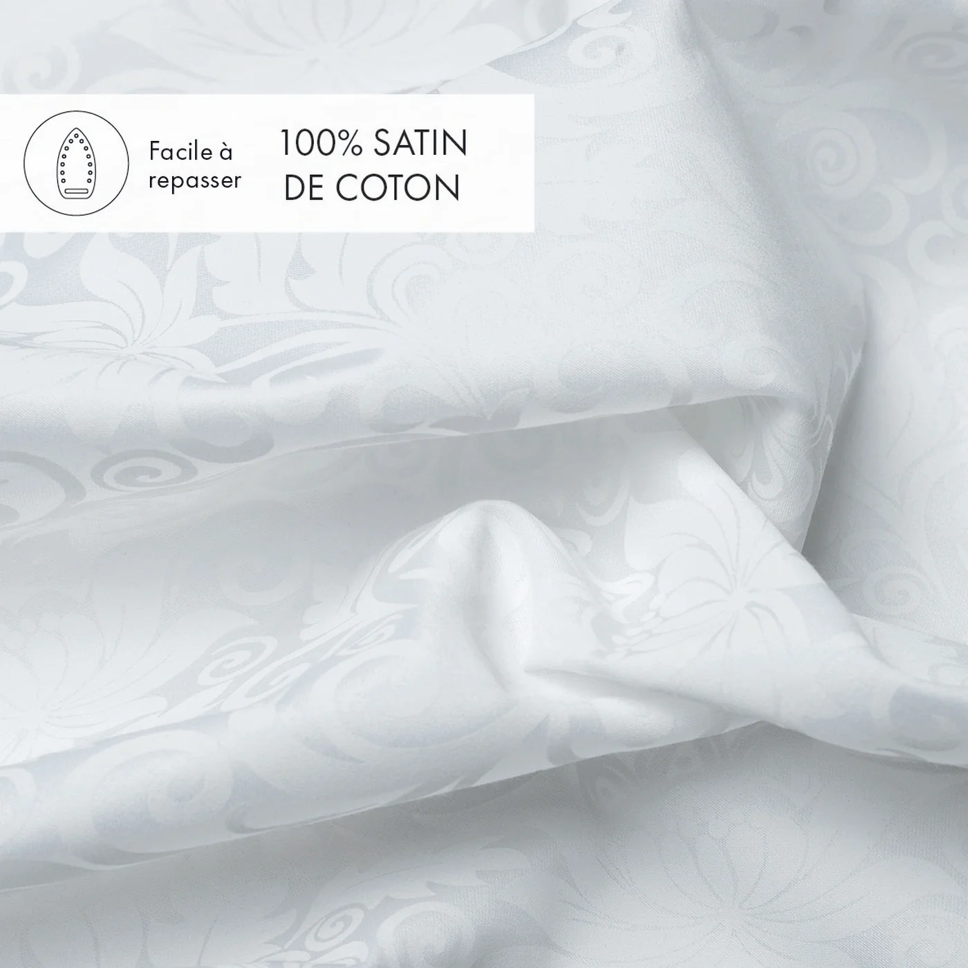 Housse De Couette + Taies D'Oreiller Jacquard Imprimé Satin De Coton - Blanc - Fleur Enchantée - Image 3