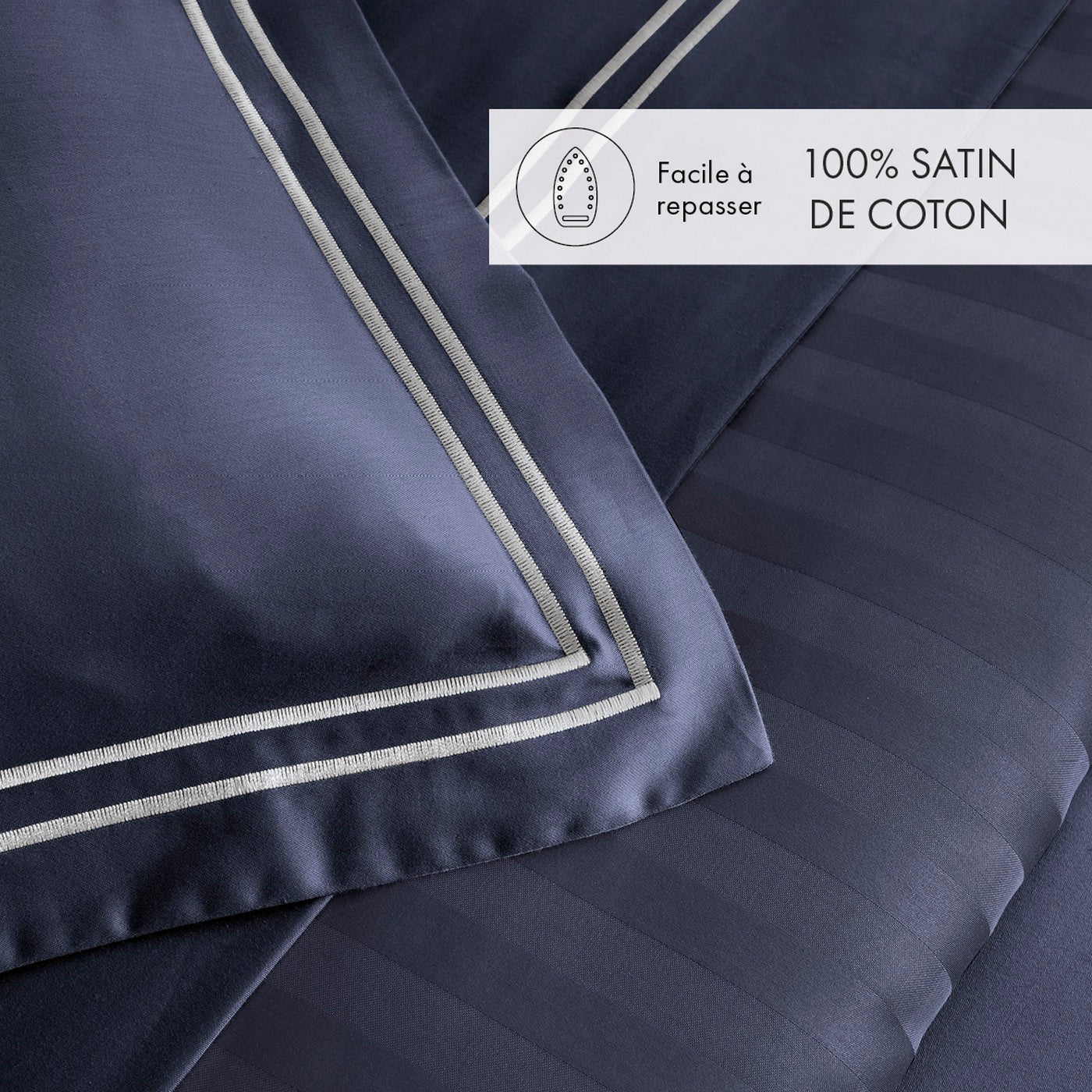 Housse De Couette + Taies D'Oreiller Satin De Coton - Blanc / Bleu Foncé - Nice - Image 6