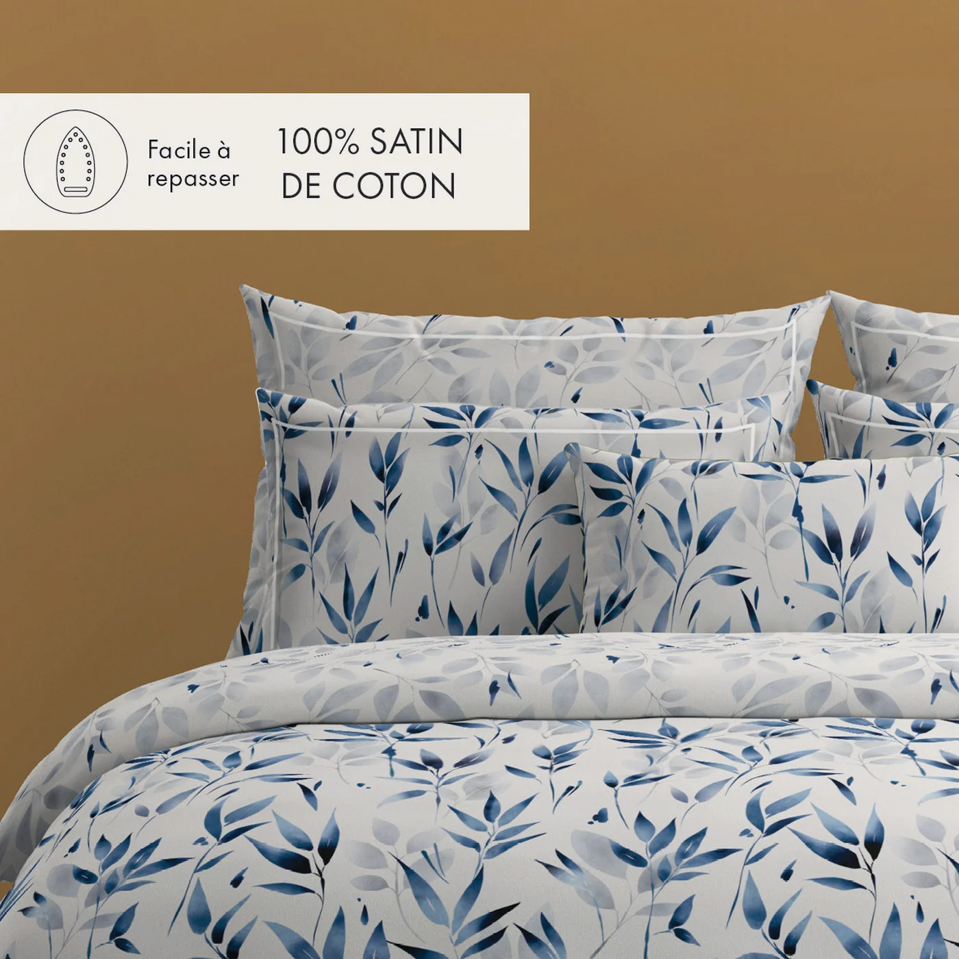 Housse De Couette + Taies D'Oreiller Satin De Coton - Blanc - Eclat Bleu - Image 2