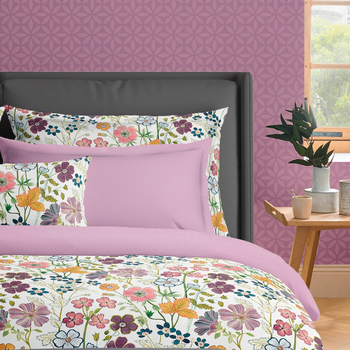 Housse De Couette + Taies D'Oreiller Satin De Coton - Blanc - Fleurs Vintage - Image 4