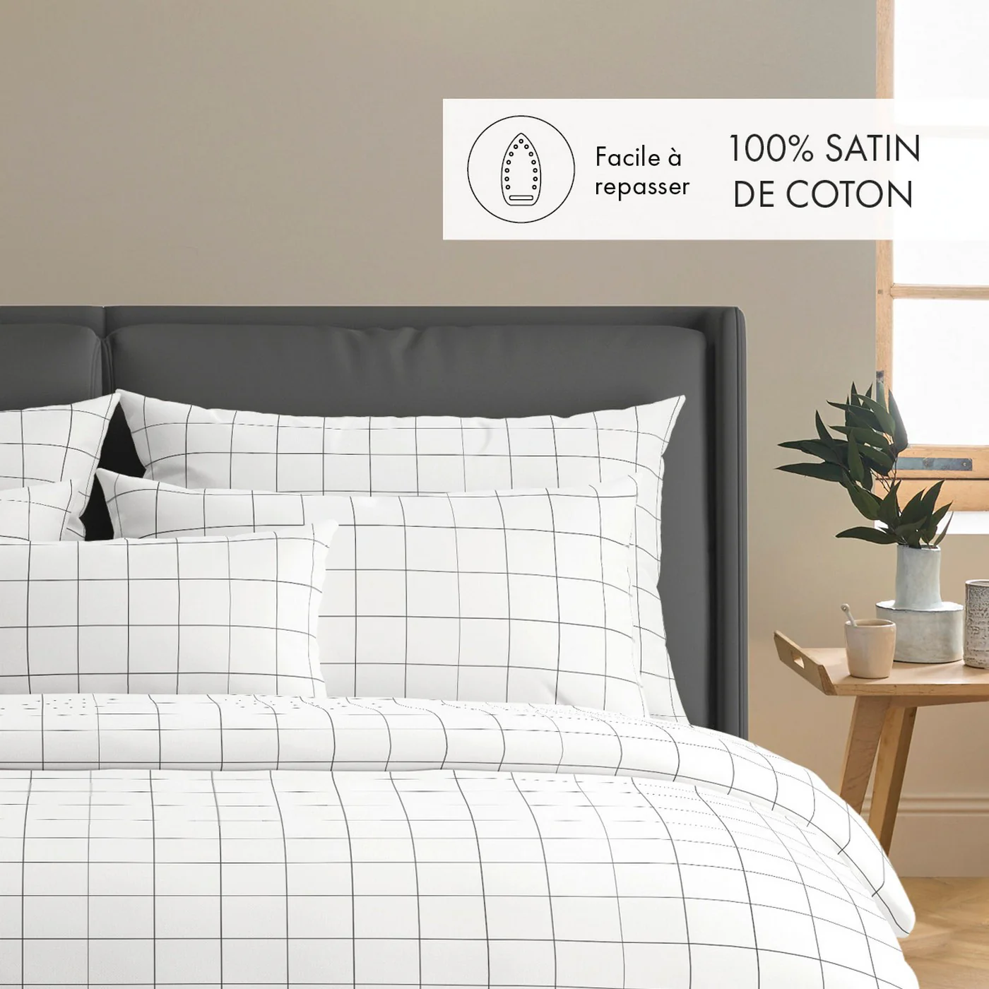 Housse De Couette + Taies D'Oreiller Satin De Coton - Blanc - Grands Carreaux - Image 2
