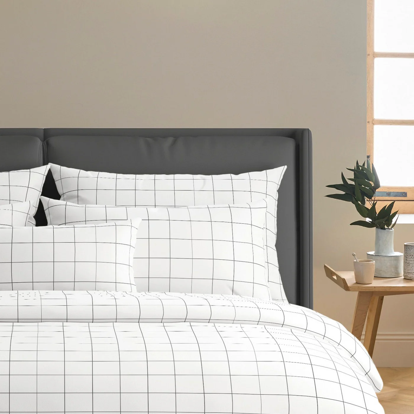 Housse De Couette + Taies D'Oreiller Satin De Coton - Blanc - Grands Carreaux - Image 4