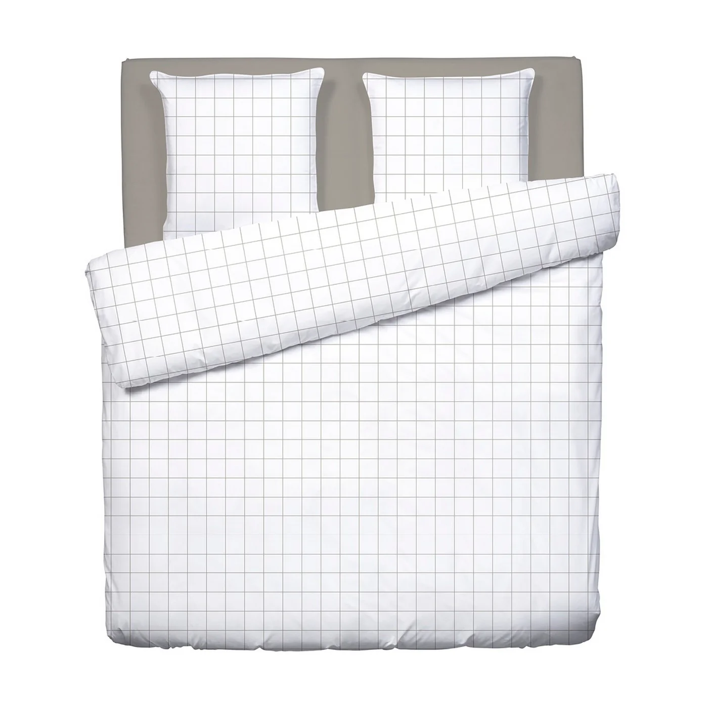 Housse De Couette + Taies D'Oreiller Satin De Coton - Blanc / Taupe - Grands Carreaux - Image 5