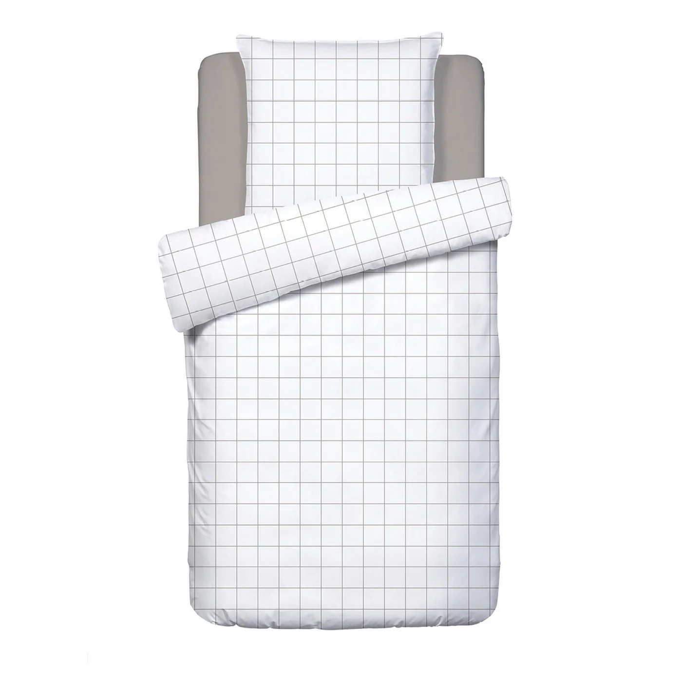 Housse De Couette + Taies D'Oreiller Satin De Coton - Blanc / Taupe - Grands Carreaux - Image 6