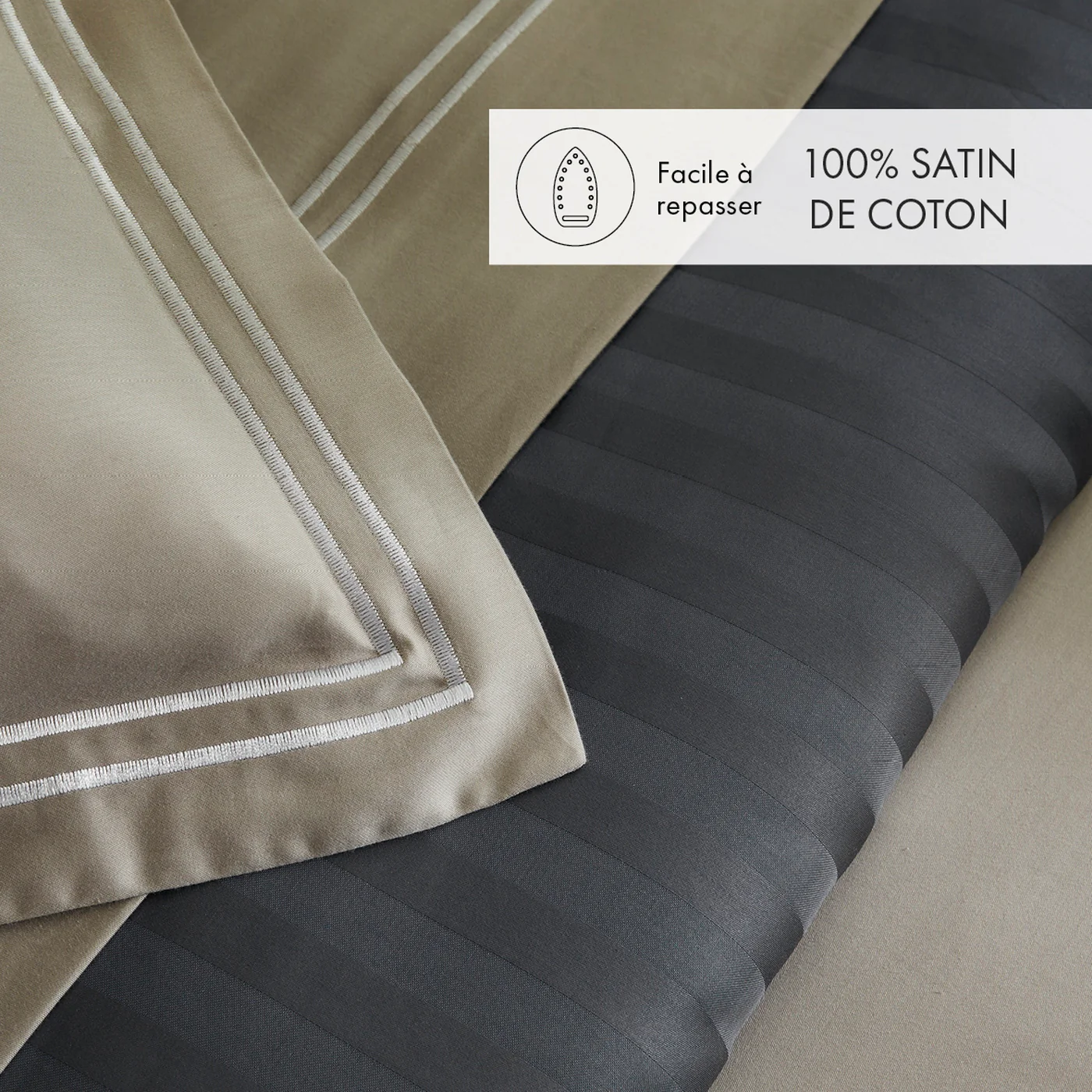 Housse De Couette + Taies D'Oreiller Satin De Coton - Blanc / Taupe - Nice - Image 2