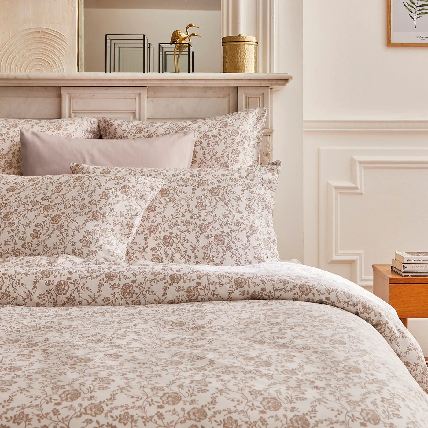 Housse De Couette + Taies D'Oreiller Satin De Coton - Blanc / Taupe - Parterre De Roses - Image 2