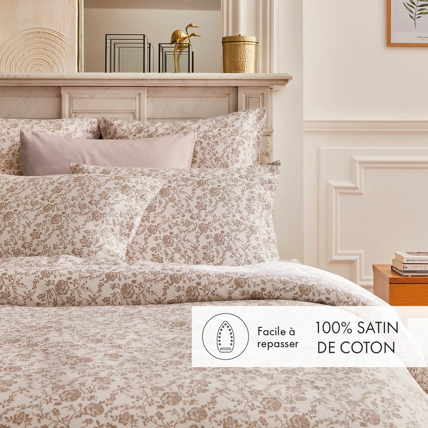 Housse De Couette + Taies D'Oreiller Satin De Coton - Blanc / Taupe - Parterre De Roses - Image 4