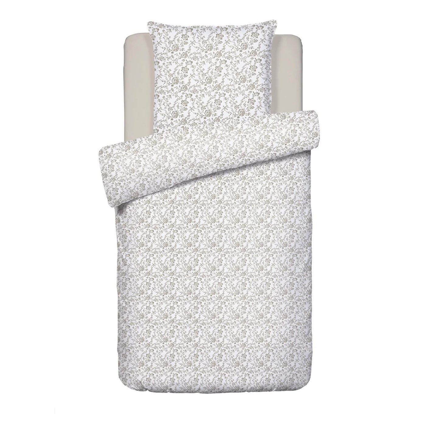 Housse De Couette + Taies D'Oreiller Satin De Coton - Blanc / Taupe - Parterre De Roses - Image 5