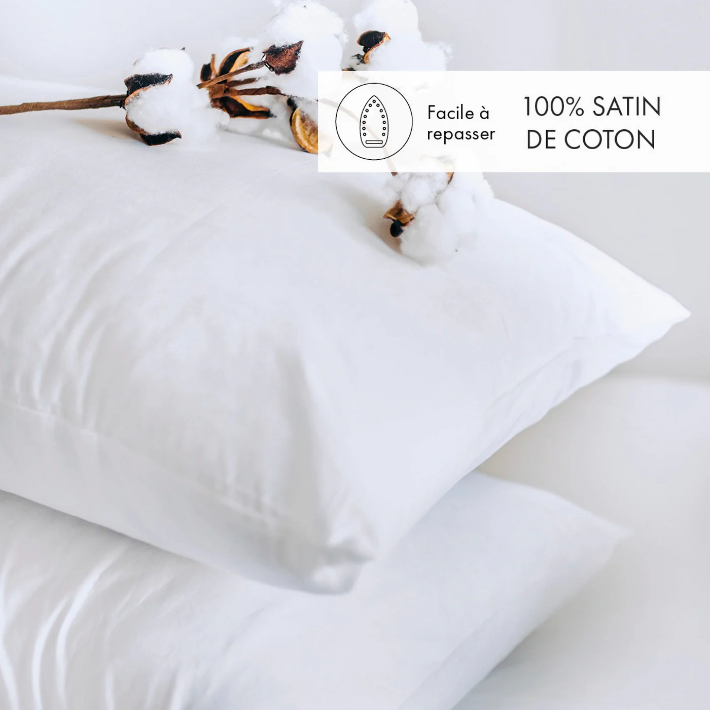 Housse De Couette + Taies D'Oreiller Satin De Coton - Blanc - Uni - Image 5