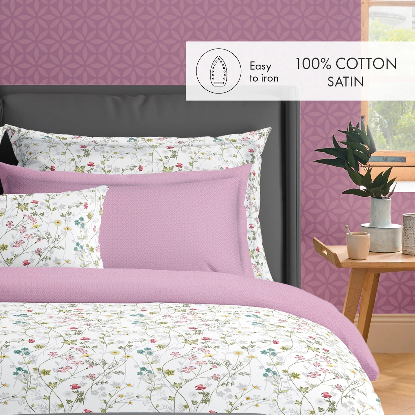 Housse De Couette + Taies D'Oreiller Satin De Coton - Blanc / Violet - Fleurs Sauvages - Image 3