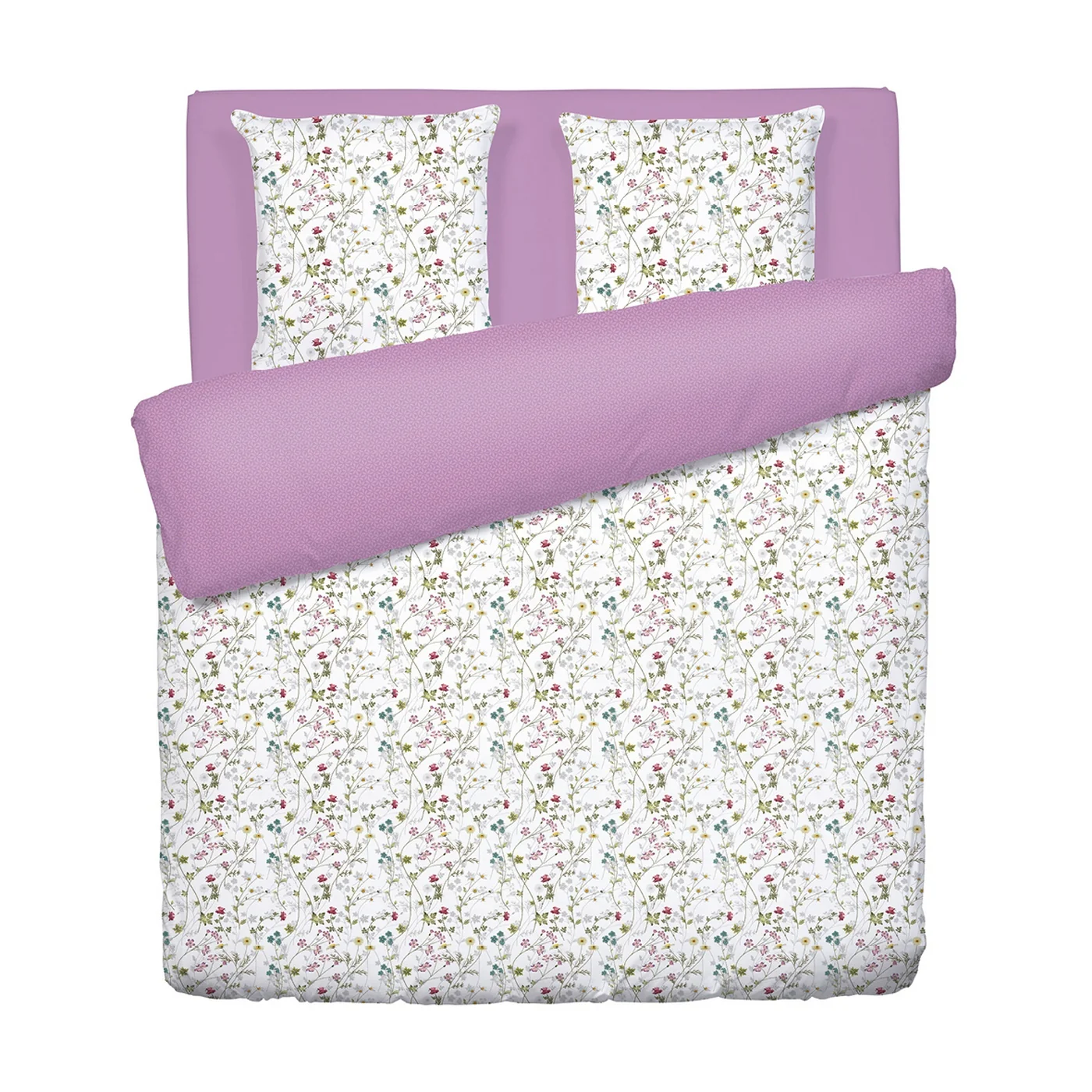 Housse De Couette + Taies D'Oreiller Satin De Coton - Blanc / Violet - Fleurs Sauvages - Image 5