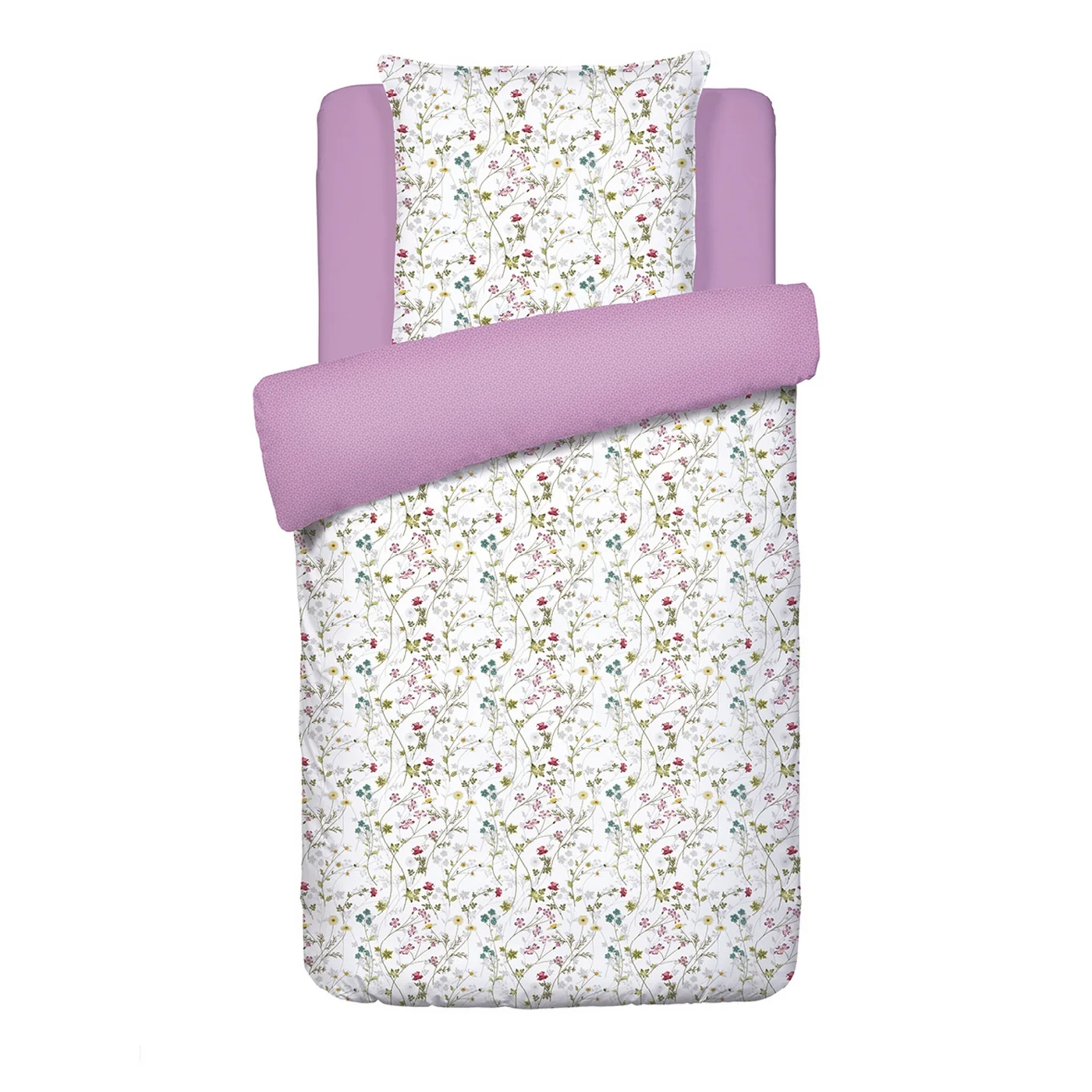 Housse De Couette + Taies D'Oreiller Satin De Coton - Blanc / Violet - Fleurs Sauvages - Image 6
