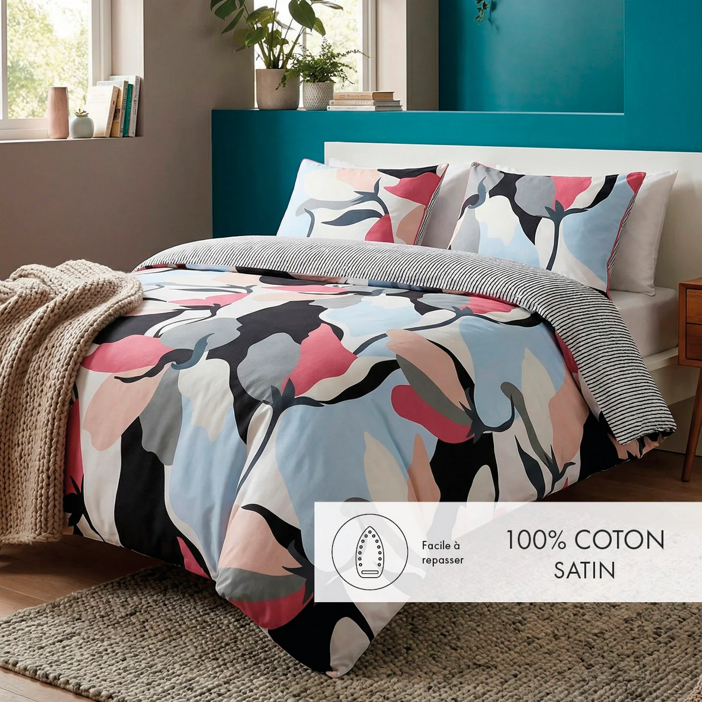Housse De Couette + Taies D'Oreiller Satin De Coton - Bleu Clair - Poésie Florale - Image 2
