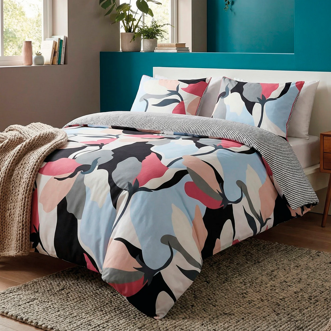 Housse De Couette + Taies D'Oreiller Satin De Coton - Bleu Clair - Poésie Florale - Image 4