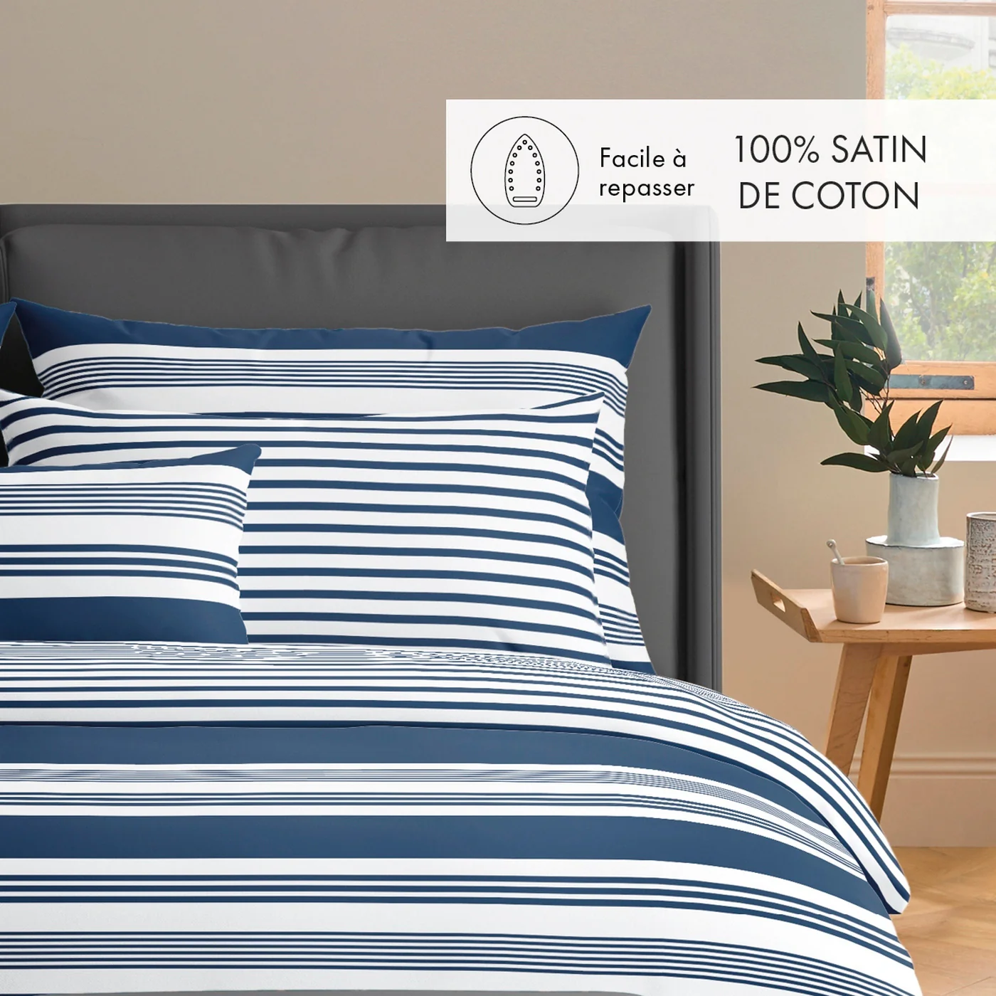 Housse De Couette + Taies D'Oreiller Satin De Coton - Bleu - Léna - Image 2