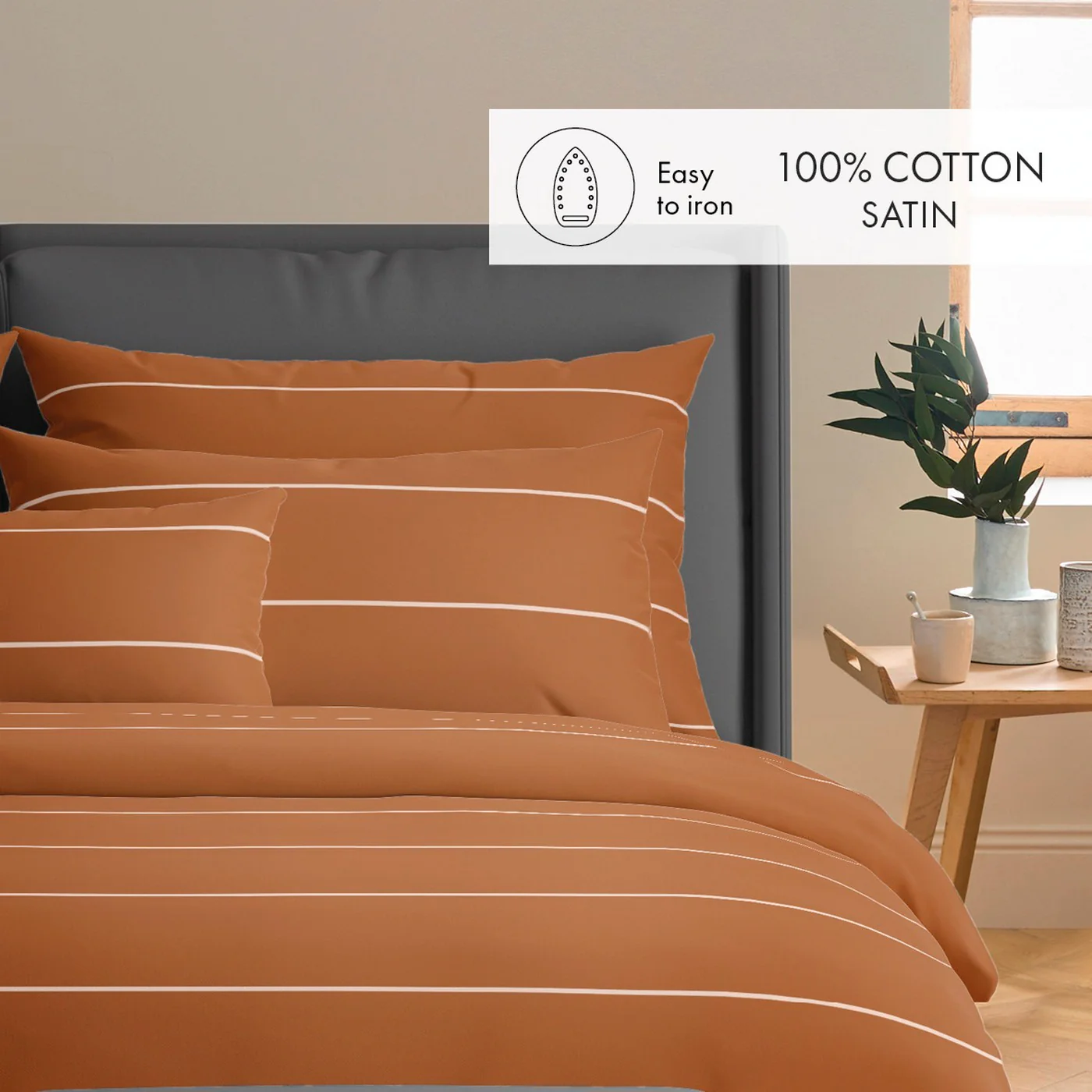 Housse De Couette + Taies D'Oreiller Satin De Coton - Brun - Camille - Image 3