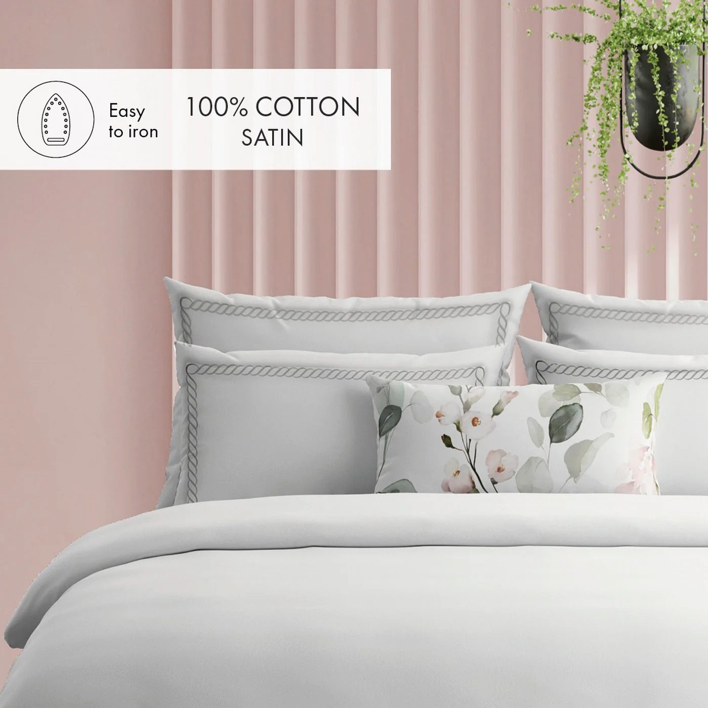 Housse De Couette + Taies D'Oreiller Satin De Coton - Gris / Blanc - Eclat De Perle - Image 3