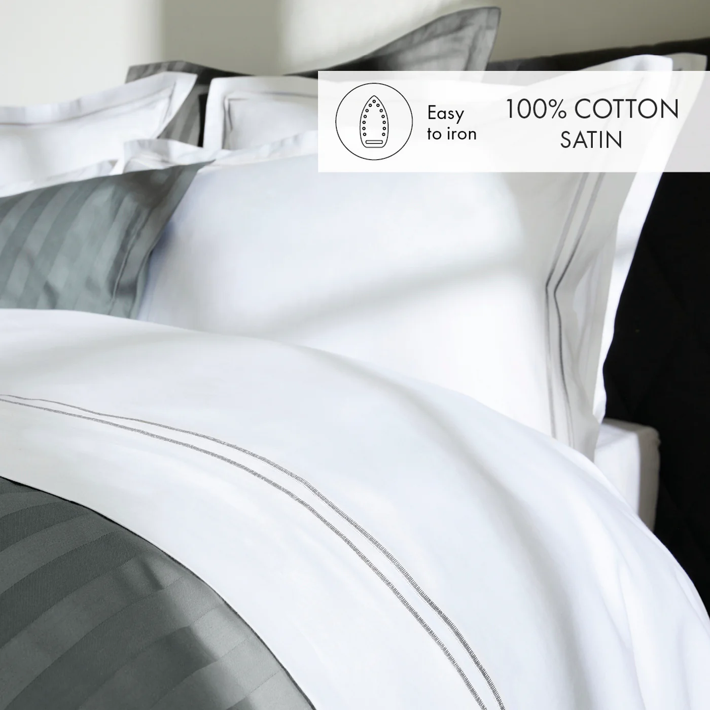 Housse De Couette + Taies D'Oreiller Satin De Coton - Gris / Blanc - Nice - Image 3