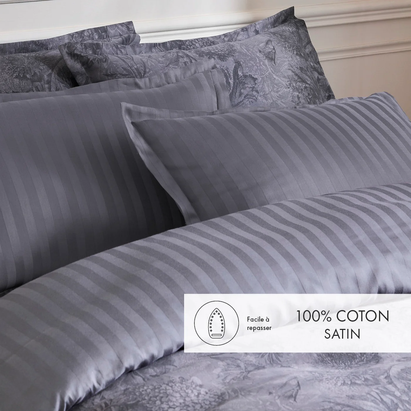 Housse De Couette + Taies D'Oreiller Satin De Coton - Gris Foncé - Toile Fleurie - Image 2