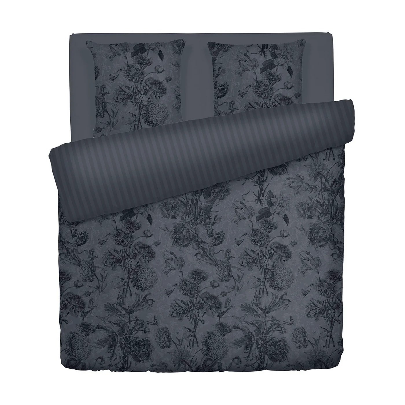 Housse De Couette + Taies D'Oreiller Satin De Coton - Gris Foncé - Toile Fleurie - Image 5