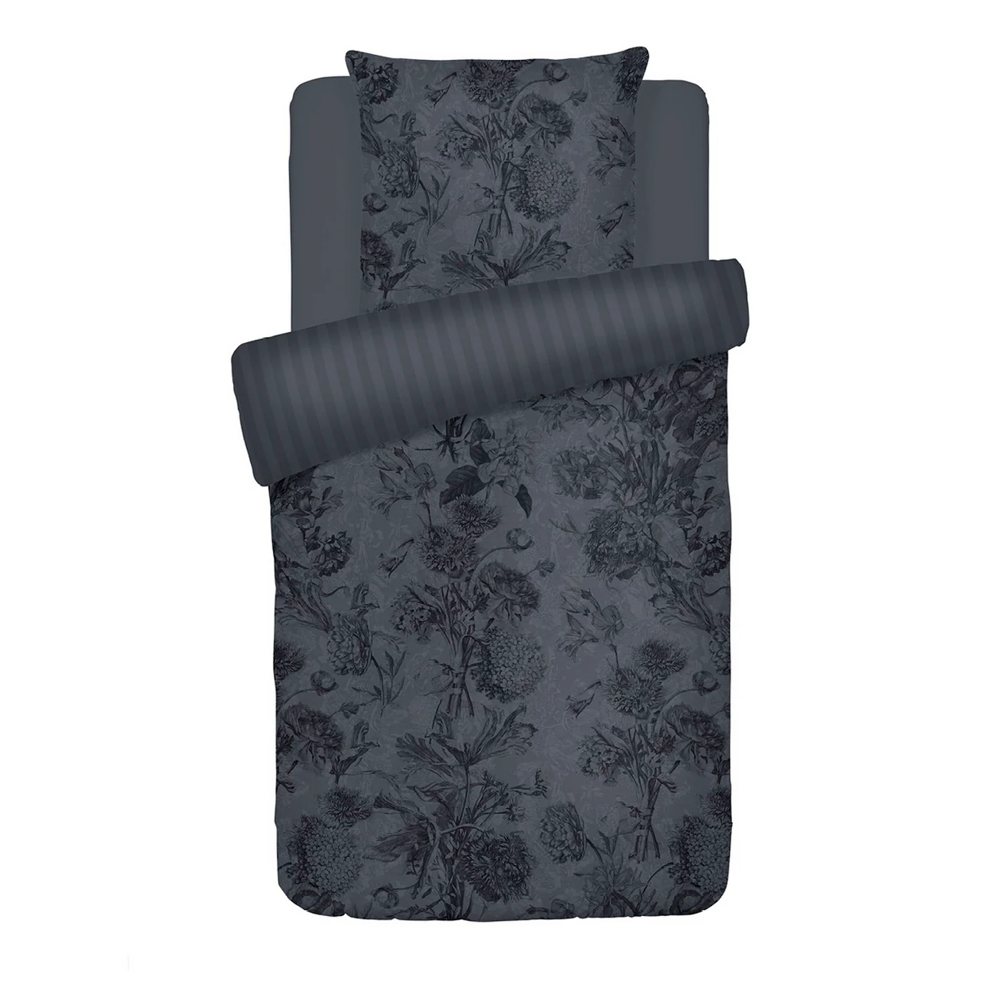 Housse De Couette + Taies D'Oreiller Satin De Coton - Gris Foncé - Toile Fleurie - Image 6