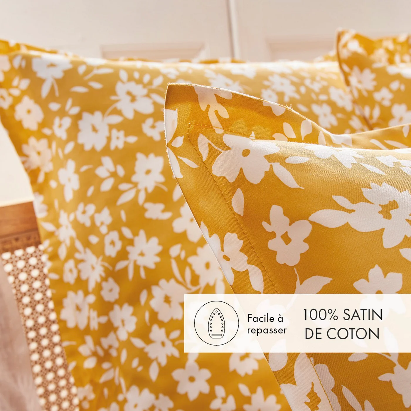 Housse De Couette + Taies D'Oreiller Satin De Coton - Jaune - Elégance - Image 2