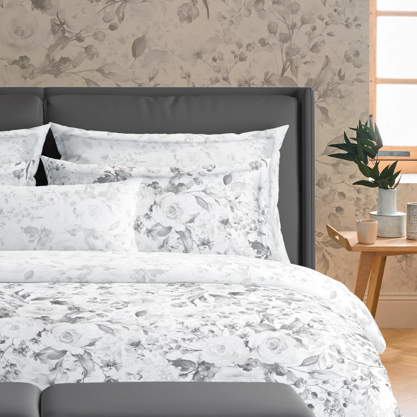 Housse De Couette + Taies D'Oreiller Satin De Coton - Noir / Blanc - Roseraie - Image 2