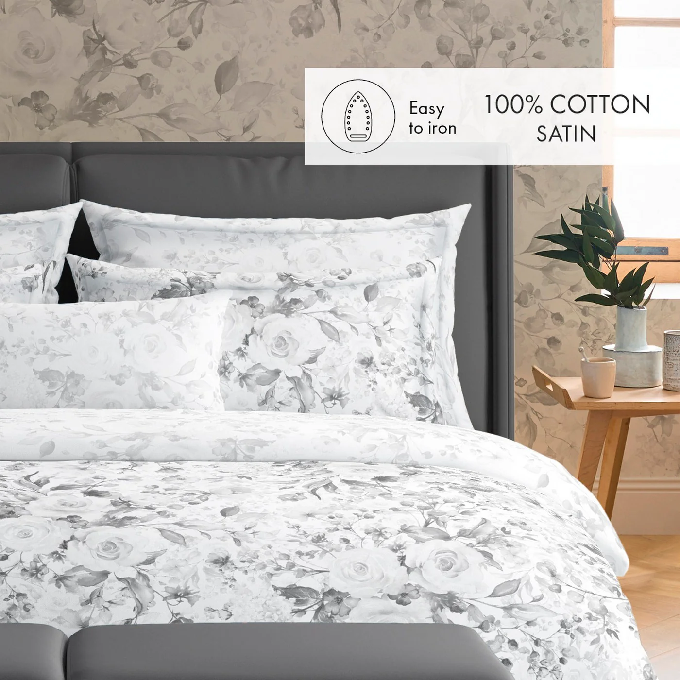 Housse De Couette + Taies D'Oreiller Satin De Coton - Noir / Blanc - Roseraie - Image 3