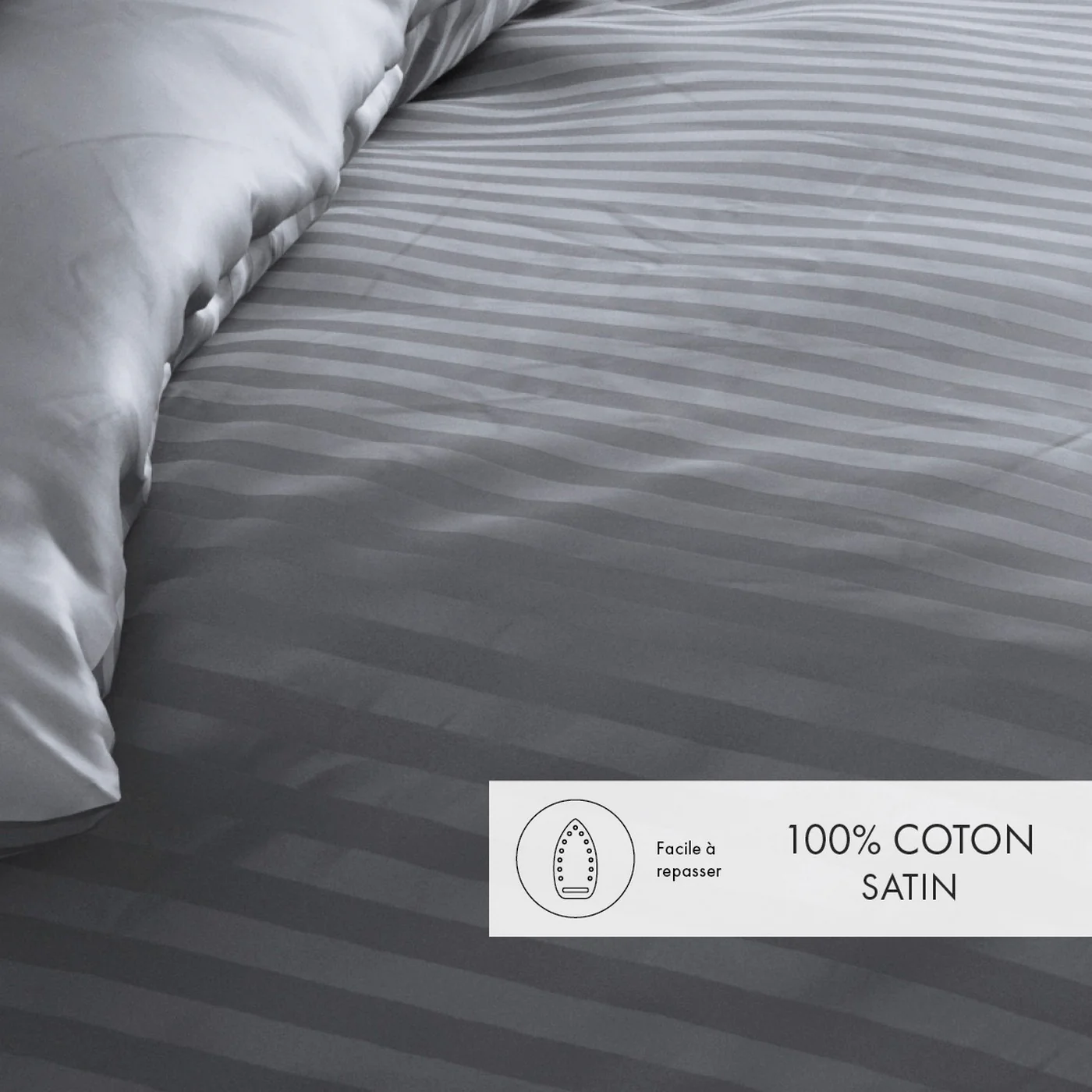 Housse De Couette + Taies D'Oreiller Satin De Coton Rayure Tissé Dobby - Gris Foncé - Dobby Stripe Woven - Image 2