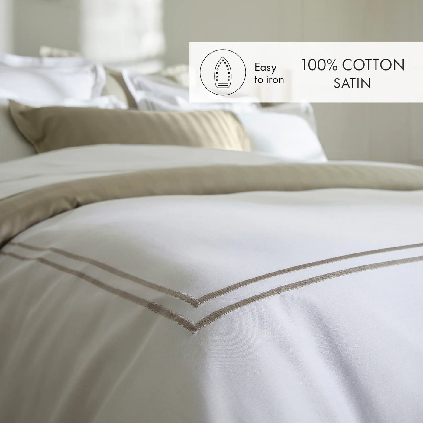 Housse De Couette + Taies D'Oreiller Satin De Coton - Taupe / Blanc - Nice - Image 3