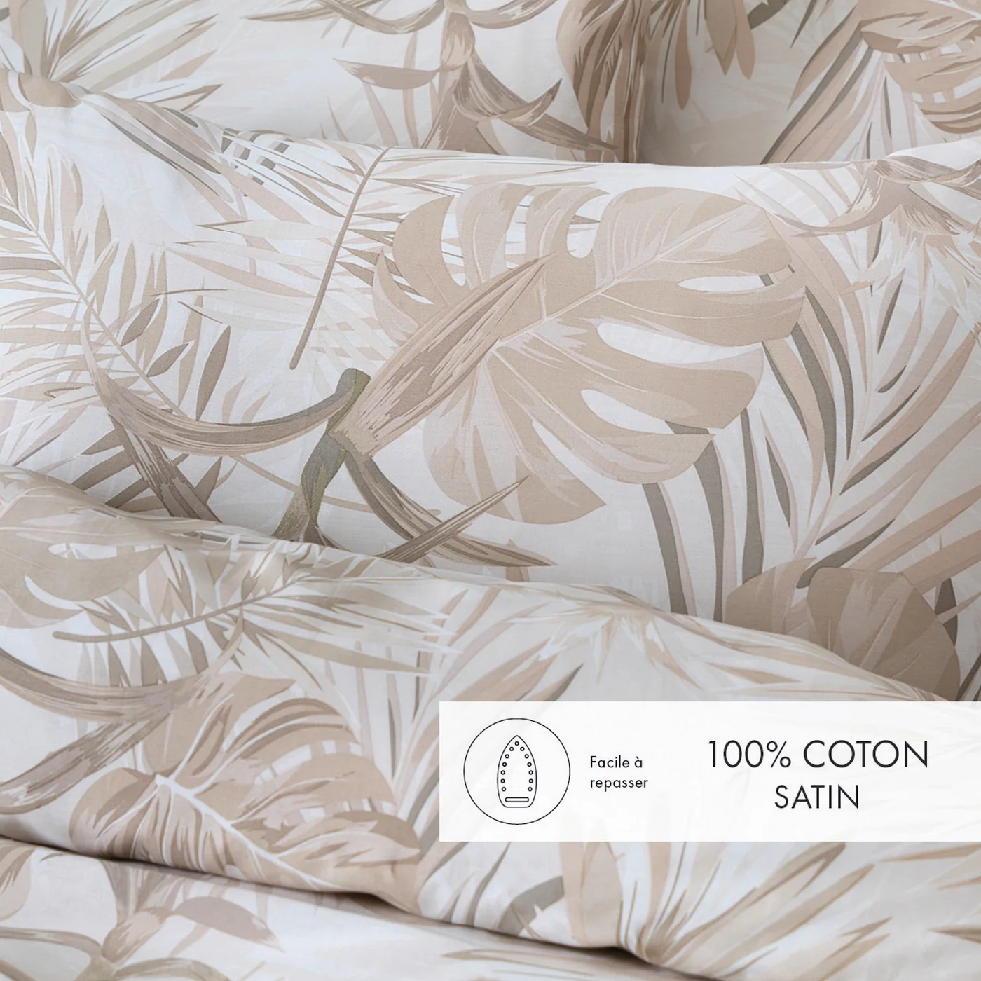 Housse De Couette + Taies D'Oreiller Satin De Coton - Taupe Clair - Tropical - Image 2