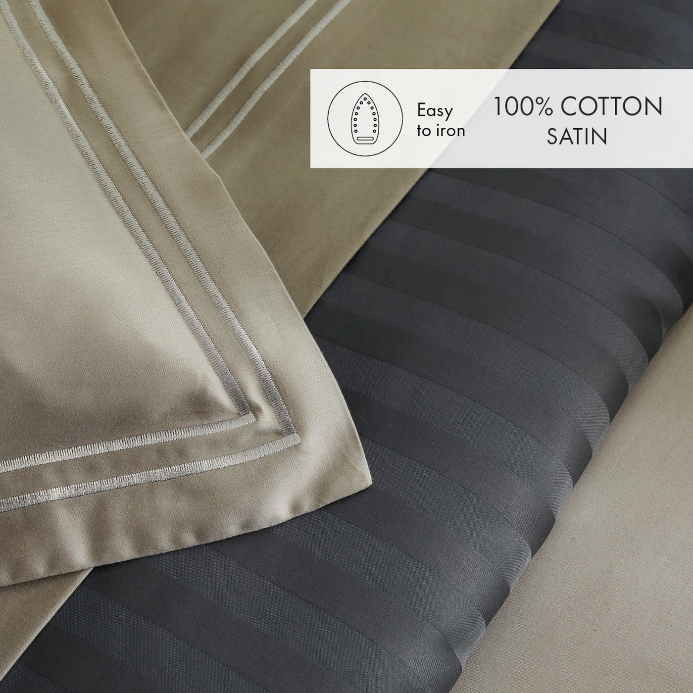 Housse De Couette + Taies D'Oreiller Satin De Coton - Taupe / Taupe - Nice - Image 3