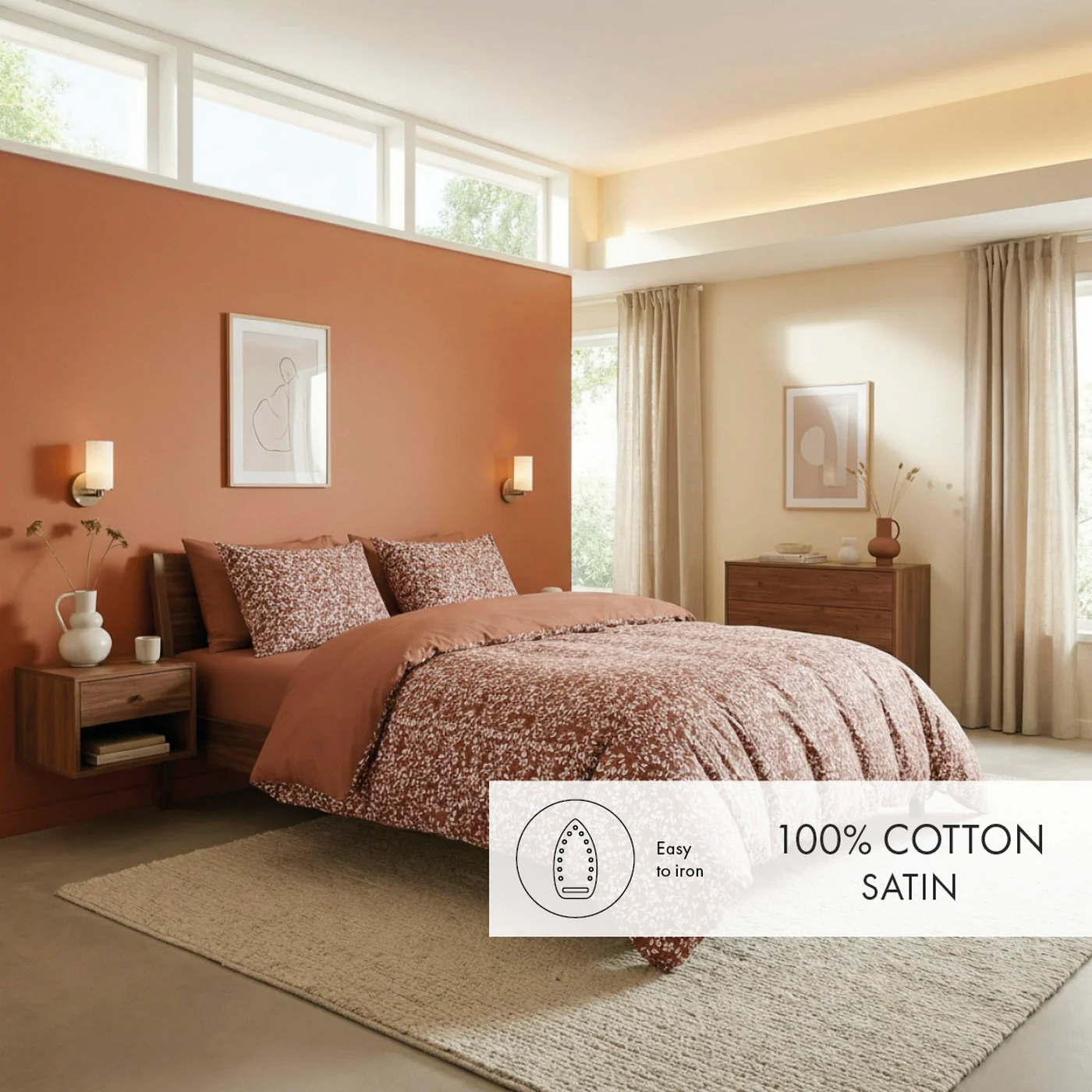 Housse De Couette + Taies D'Oreiller Satin De Coton - Terracotta - Floréal - Image 3