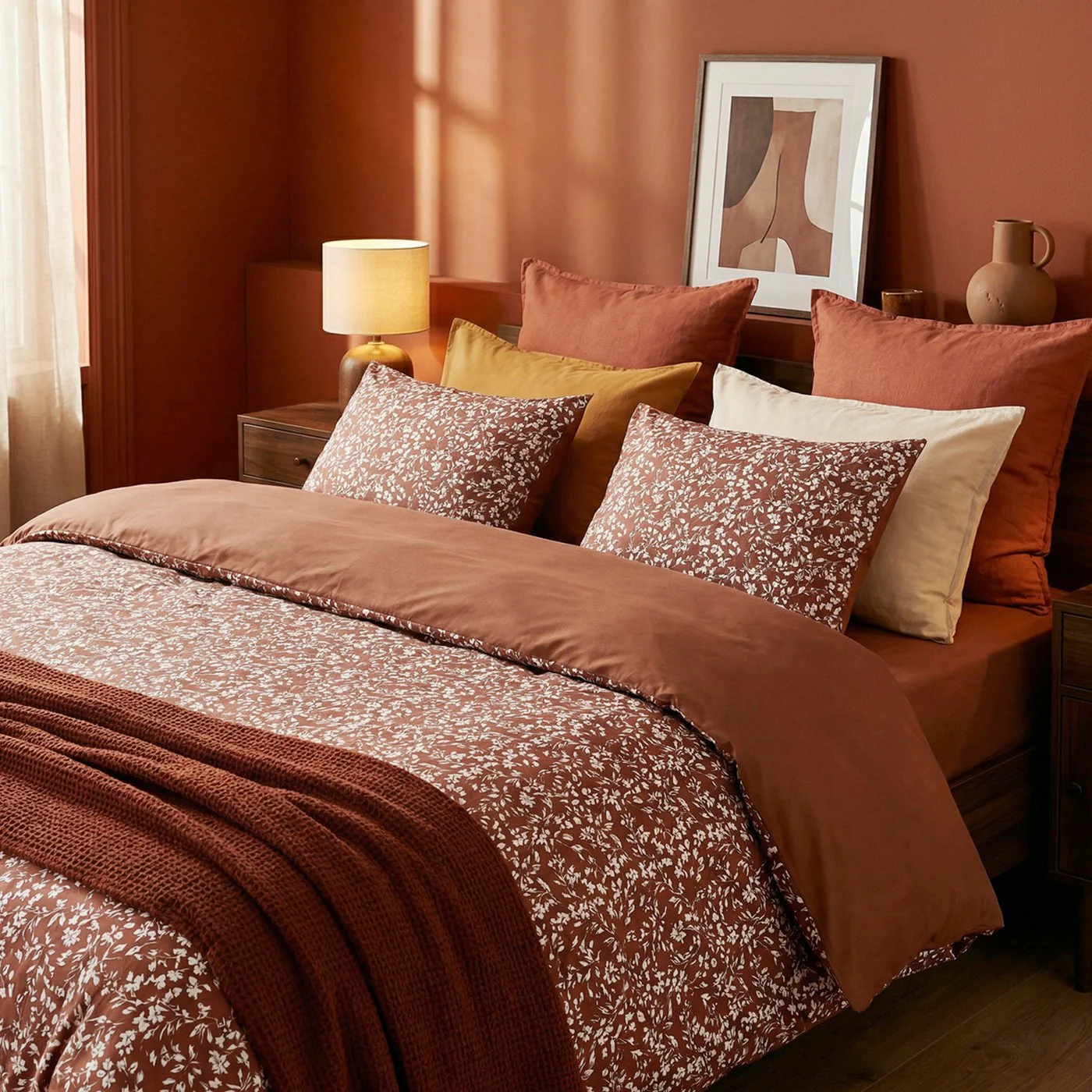 Housse De Couette + Taies D'Oreiller Satin De Coton - Terracotta - Floréal - Image 4