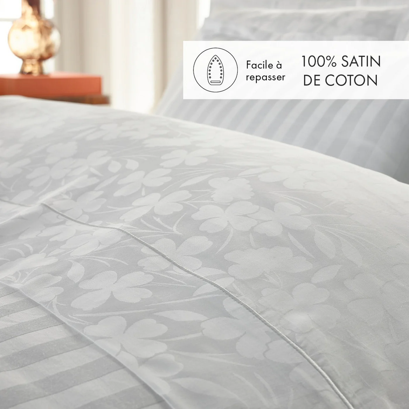 Housse De Couette + Taies D'Oreiller Satin De Coton Tissé Jacquard - Blanc - Petit Chêne - Image 5