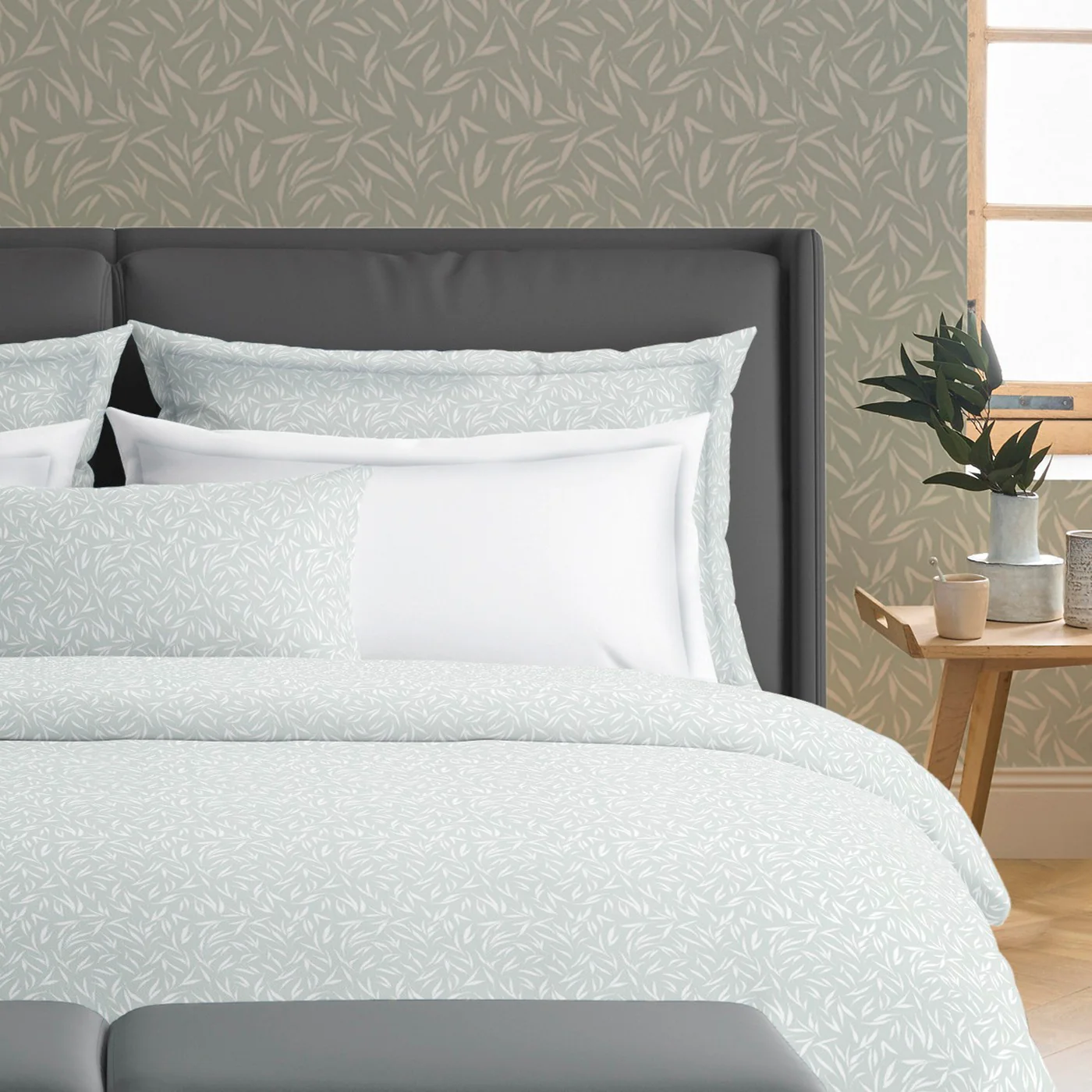 Housse De Couette + Taies D'Oreiller Satin De Coton - Vert - Feuilles D'Olivier - Image 2