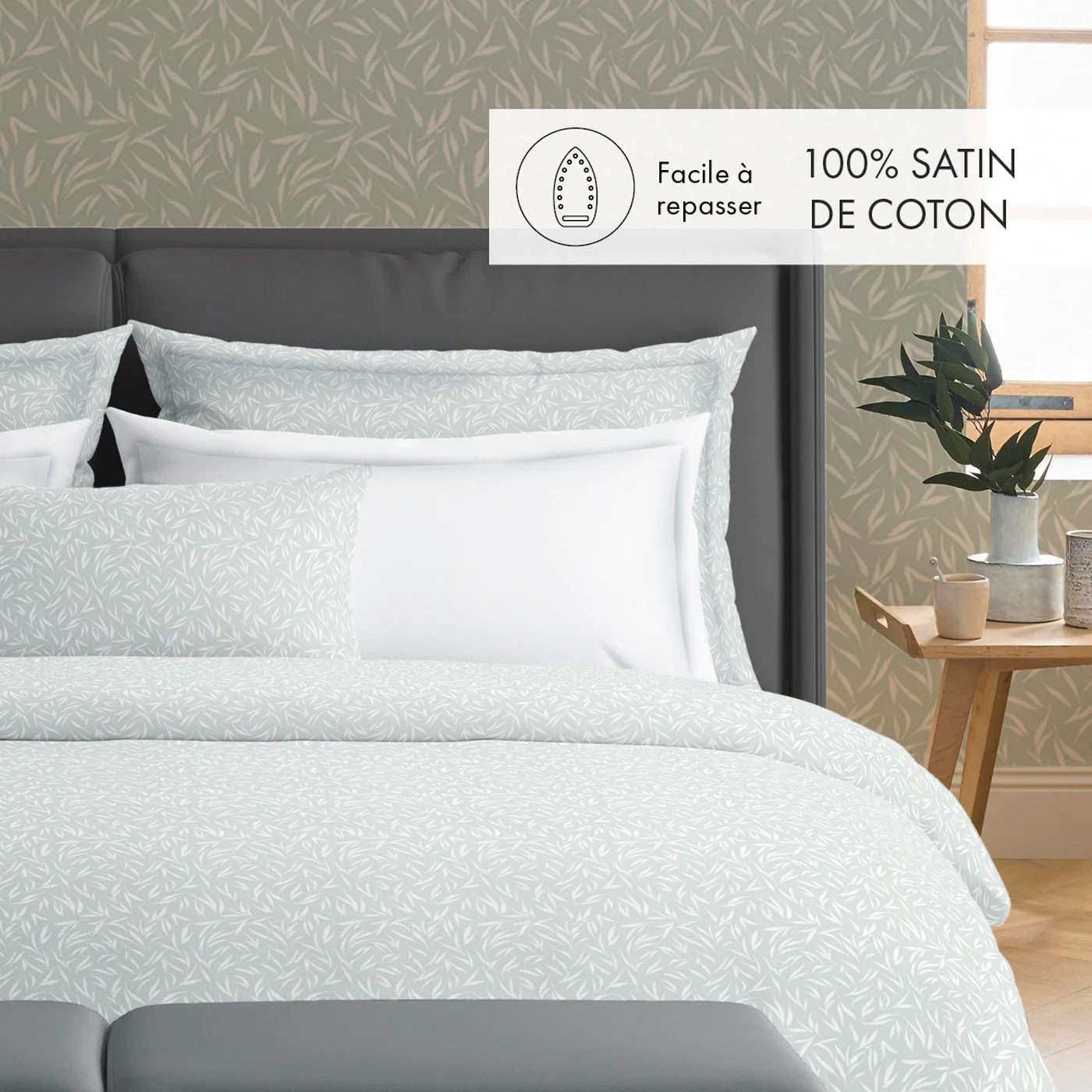 Housse De Couette + Taies D'Oreiller Satin De Coton - Vert - Feuilles D'Olivier - Image 4