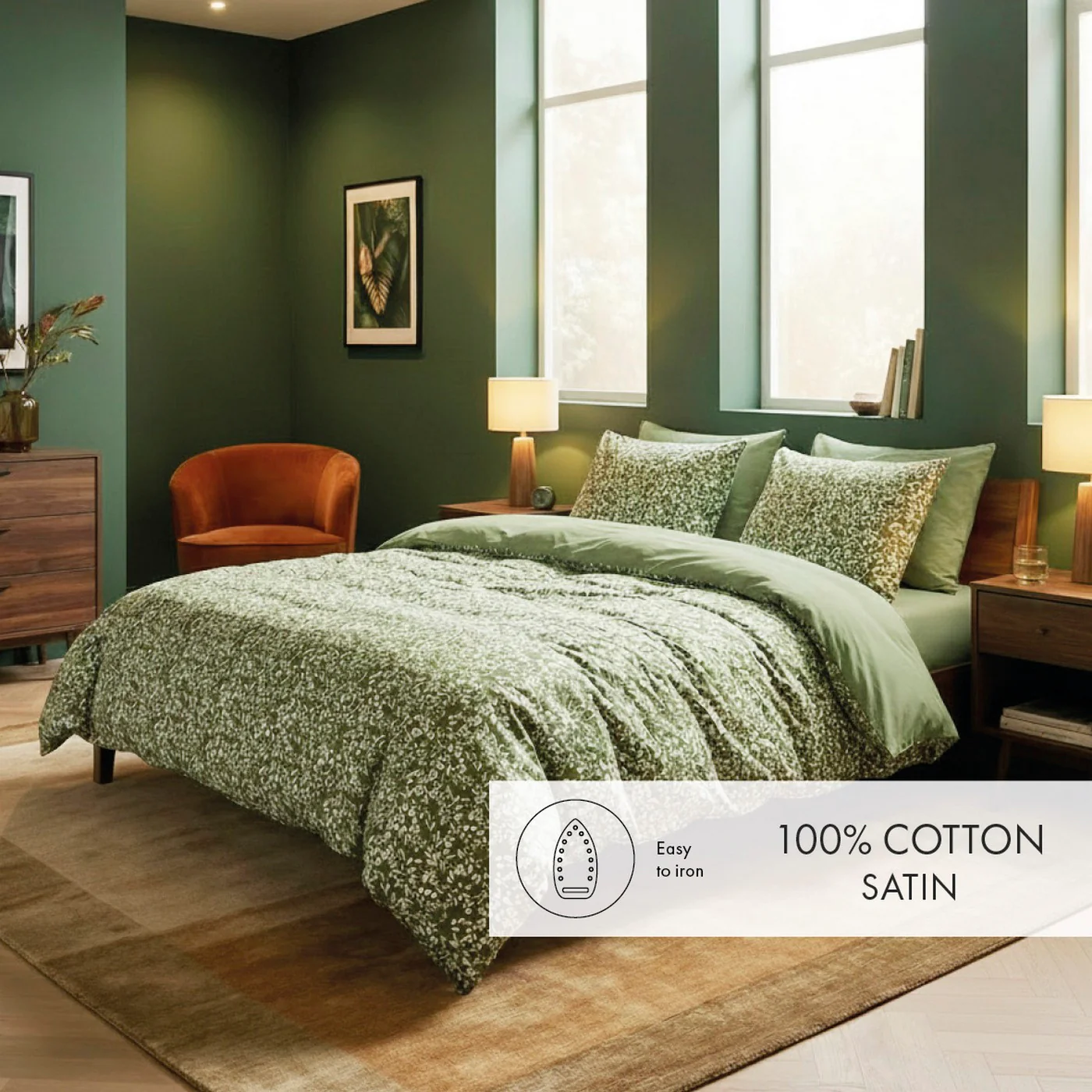 Housse De Couette + Taies D'Oreiller Satin De Coton - Vert - Floréal - Image 3