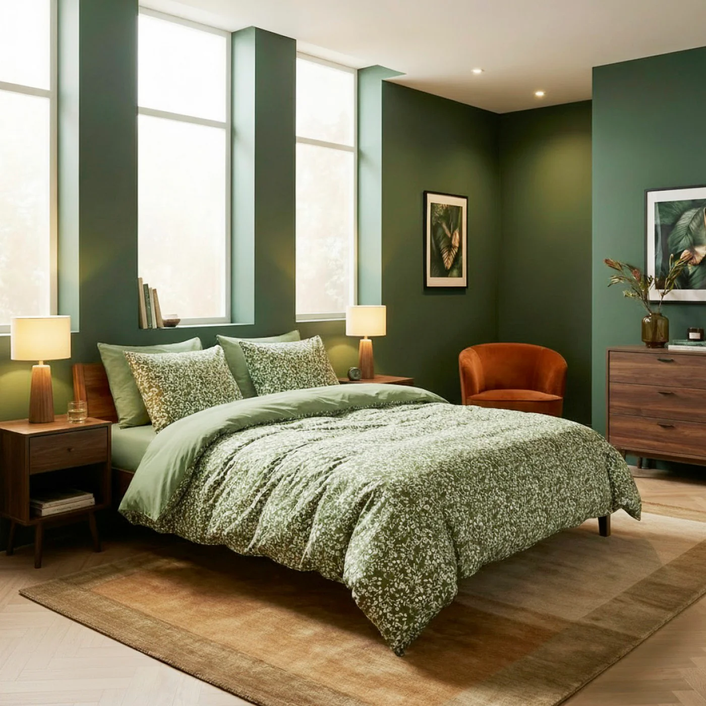 Housse De Couette + Taies D'Oreiller Satin De Coton - Vert - Floréal - Image 4