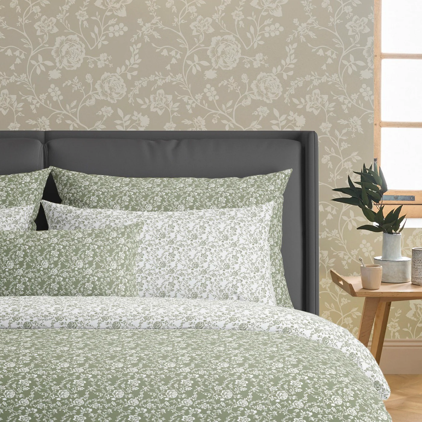 Housse De Couette + Taies D'Oreiller Satin De Coton - Vert - Parterre De Roses - Image 2