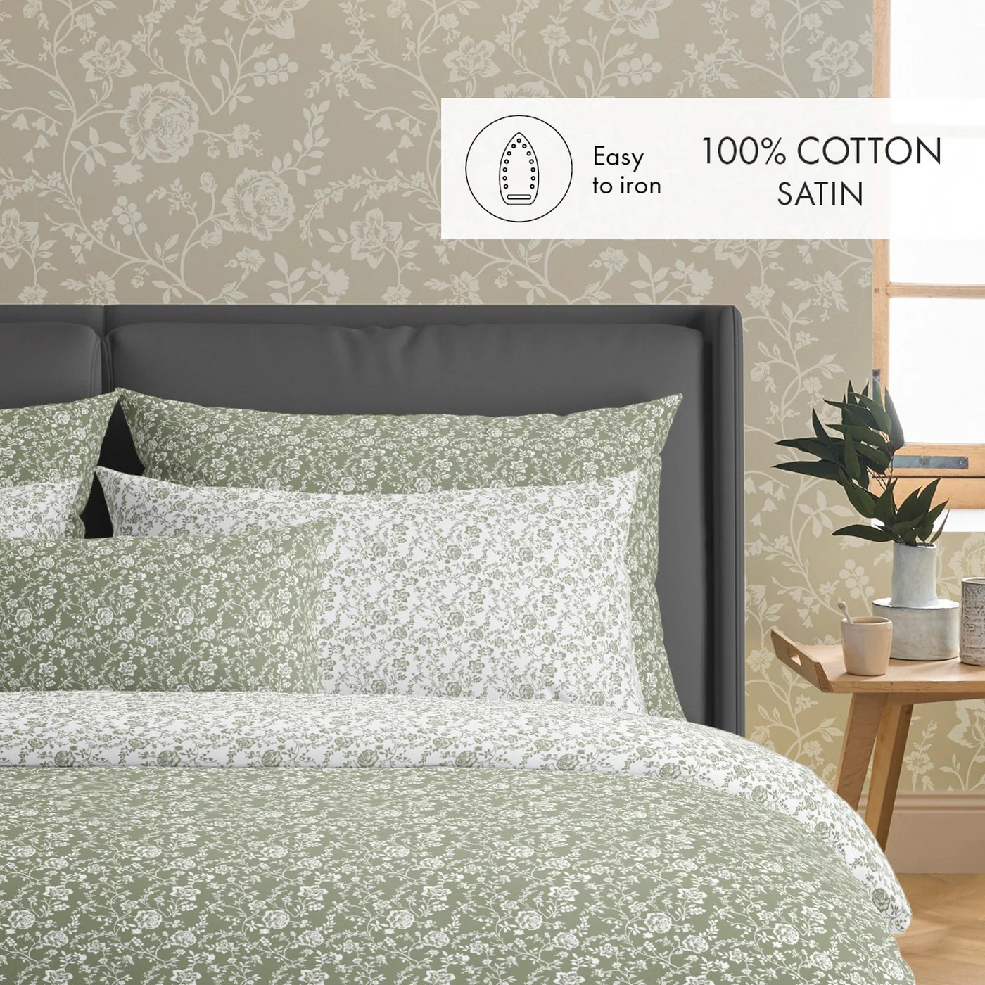 Housse De Couette + Taies D'Oreiller Satin De Coton - Vert - Parterre De Roses - Image 3